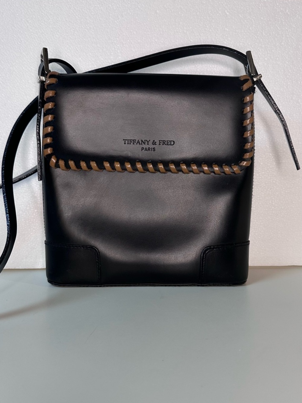 Tiffany & Fred Black Leather Vintage Crossbody with Brown Whipstitch Trim
